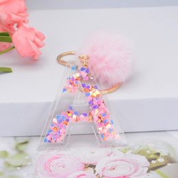 Keychains Women A-Z English Letter Pink Pompom Alphabet Keyring Handbag Charms Pendant Ornament Key Ring Holder Jewelry Gifts Miri22