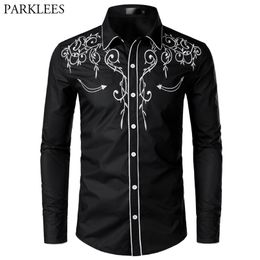 Stylish Western Cowboy Shirt Men Brand Design Embroidery Slim Fit Casual Long Sleeve Shirts Mens Wedding Party Shirt for Male 220623