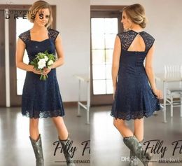 UPS Custom Made Navy Blue Full Lace Short Bridesmaid Dresses Knee Length Square Neck Sexy Hollow Back Garden Maid of Honour Gown