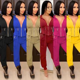 Women's Two Piece Pants Sexy Tight Casual Hooded Sweater Deep V Zipper Rope Ladies Suit Set Winter Matching Bulk Items Wholesale LotsWomen's