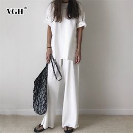 VGH Spring Two Piece Women Suit Short Sleeve O Neck T-shirt With Ankle-length Female Pants Fashion Women's Clothing 210302
