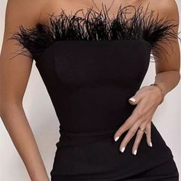 Summer Sexy Strapless Backless Feather Black Midi Women Bodycon Bandage Dress Designer Fashion Party Club Dress Vestido 220705