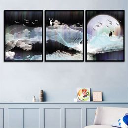 3 pcs KITs Canvas Painting Modern Home Decoration Living Room Bedroom Wall Decor Impression of Full Moon Elk and Wild Picture