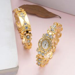 Wristwatches Women Fashion Gold Watch Quartz Luxury Crystal Bracelet Steel Ladies Wristwatch Woman Clock Bracelets 2pcs With Box Montre Femm