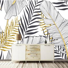 Customised wallpaper 3d hand painted black and white banana leaf background living room background wallpaper