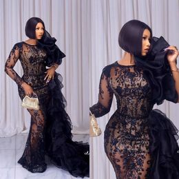 African See Thru Evening Dresses for Women Sequin Mermaid Prom Dress Lace Applique Long Sleeve Ruffles Party Celebrity Gowns