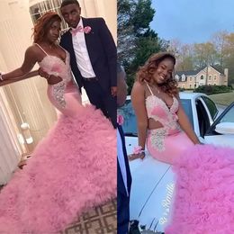 HOT! 2022 Pink African Tiered Skirts Plus Size Mermaid Prom Dresses with Beaded Appliques Spaghetti Straps Backless Cut away Sides Evening Gowns