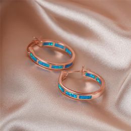 Hoop & Huggie Boho Female Blue Opal Stone Earrings Classic Rose Gold Colour Wedding For Women Vintage Bride Round Big EarringsHoop