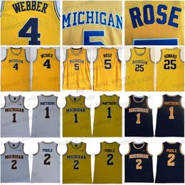 5 Jalen Rose Michigan Wolverines Jersey 4 Chris Webber 25 Juwan Howard 1 Charles Matthews 2 Jorda Poole College Basketball Yellow Men white Jerseys Uniforms