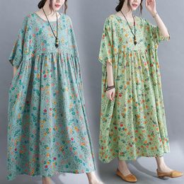 Plus Size Dresses BIG Summer Women Fashion Elegant Flower Print Tops Ladies Female Large Long Swing Casual Ruffles Cotton Linen Dress