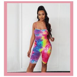 Women Sexy Summer Tie Dye Jumpsuits Sleeveless Skinny 2020 Crop Top Bodysuit Shorts 1pc Rompers Sports Fitness Outfits T200704