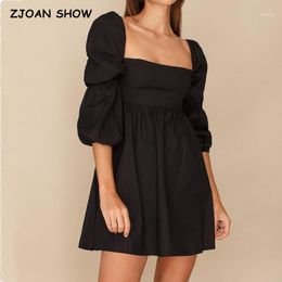 Casual Dresses 2022 Gothic Clothes Empire Black Square Neck Mini Dress Elastic Ruched Back Shirred Long Double Puff Sleeve Babydoll Robe