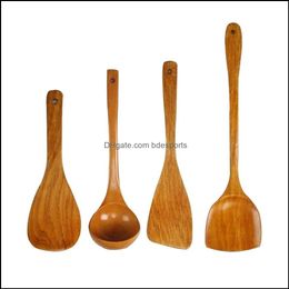 Spoons Flatware Kitchen Dining Bar Home Garden 4Pcs/Set Health Bamboo Wood Wok Shovels Slotted Spata Spoon Mixing Holder Cooking Utensils