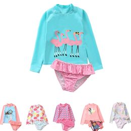 Flamingo Swimsuit Set Girls 2 Piece Sun Protection Rash Guard Kids Girl Beach Long Sleeve Swim Shirt and Shorts 220722