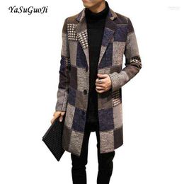Men's Wool & Blends 2022 Winter Fashion Single Breasted Contrast Color Plaid Slim Fit Long Coat Men Plus Size Patchwork Mens Overcoat NDY41 T220810