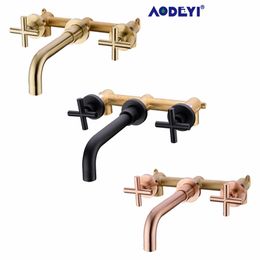 Matte Black Brass Double Handle Wall Mounted Bathroom Sink Faucet Hot & Cold Basin Faucet Black Tap T200107