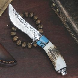 High Quality R7106 Damascus Survival Straight Hunting Knife Damascuss Steel Drop Point Blade Horn & Steel Head Handle Fixed Blades Knives with Leather Sheath