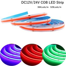 COB LED Strip Light High Density Flexible FOB COB 384/528LEDs/m Lights Tape Blue/ Green/Red Linear Dimmable DC12V/24V