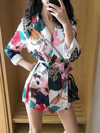 Women's Suits & Blazers Floral Dress Blazer Women Autumn Fashion Print Casual Lace Up Long Ladies High Street Green Jacket HarajukuWomen's