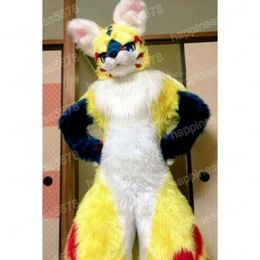 Performance Yellow Long Fur Husky Fox Dog Mascot Costumes Halloween Christmas Cartoon Character Outfits Suit Advertising Carnival Unisex Adults Outfit
