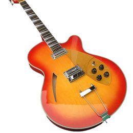 381 360 370 6 Strings Cherry Sunburst Semi Hollow Body Electric Guitar Gloss Varnish Rosewood Fingerboard, Checkerboard Binding, Sparkle Gold Pickguard