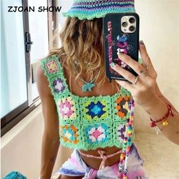 Harajuku Handmade Hollow Out Crochet Plaid Flower Tanks Women Summer Cropped Tops Retro Cool Girl Short Tee Holiday 220318