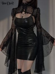 InsDoit Gothic Faux Leather Dress Lace T shirts Suit Women Sexy Flare Sleeve Aesthetic Bodycon PU Mini 2pcs Sets 220616