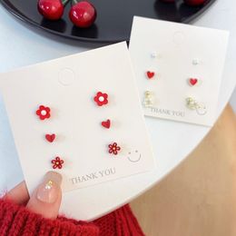 Stud Sweet Lovely Red Metal Love Flower Earrings Set Irregular Imitation Pearl Hollow Bow For Women Gifts JewelryStud Kirs22