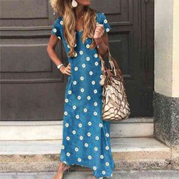 Women Plus Sixe Boho Style Streetwear Casual V Neck Short Sleeve Marguerite Print Large Hem Loose Long Dress L220705