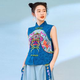 Ethnic Clothing Blue Women Vest Embroidery Oriental Stand Collar Sleeveless Cotton Short Waistcoat Chinese Style Traditional Gilet TopsEthni