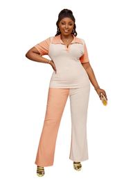 Plus Size Dresses Colorblock Rib-knit Tee & Flare Leg Pants P74W#Plus