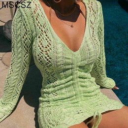 V-Neck Long Sleeve Knitted Mini Dress Summer Hollow Out Sexy Beach Dress Short Party Night Club Dress Green Orange T220816