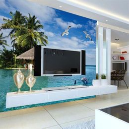 Custom Home Decor TV Backdrop 3D Wallpaper Beach Waves Photo Murals 3D Wallpapers For Wall Papel De Parede Living Room Bedroom