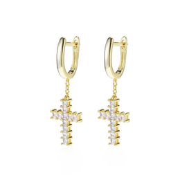 Hip Hop Cross Hoop Earrings Bling White Zircon Drop Earrings 18K Real Gold /Platinum Plated