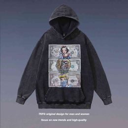 Tkpa National Fashion Hip Hop Print Hoodie Cartoon Fun Ins American Street Men and Women Casual Loose