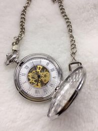 Pocket Watches Fashion Silver Steel Steampunk Mechanical Watch Men Women Necklace Clock Gifts Vintage Skeleton PO042Pocket