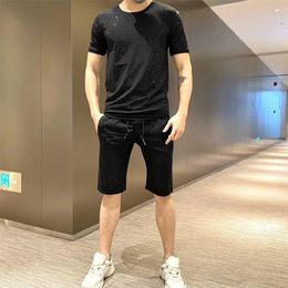 Men s Tracksuit Diamond Fashion Designer Men s Tight Brand T shirt Leisure Hot Drill Shorts New 2 Piece Set LJ201124