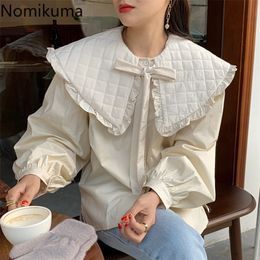 Nomikuma Vintage Ruffle Peter Pan Collar Blouse Shirt Causal Korean Bow Tie Long Sleeve Tops Spring Causal Blusas 6D896 210308