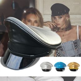 Berets Women PU Leather Captain Cap Prom Performance Big Brimmed Hat Bar Cosplay Show Personality Beret CapBerets Davi22