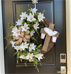 Easter cross wreath simulation plant Party Decoration door hanging bow rattan ring