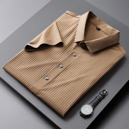 Men's Dress Shirts High Quality Luxury Business Dark Stripe Elastic Ice Silk Seamless Short-sleeved Shirt Korean Version Slim Drape