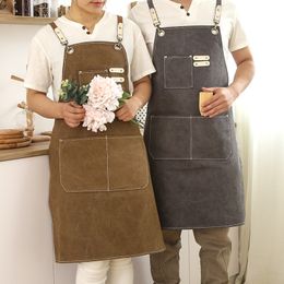 Fashion Unisex Work Apron For Men Canvas Black Bib Adjustable Cooking Kitchen s Woman With Tool Pockets 220507