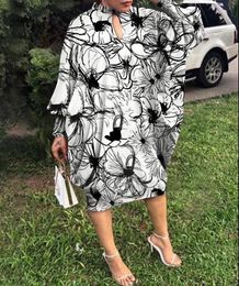 2022 Knee-Length Dress Bohemian Party Vestido Women Casual Stand Collar Robe Autumn Long Sleeve Dress Bat-Sleeve Sundress