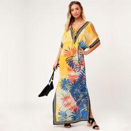 Party Dresses 2022 Quick-drying Yellow Bohemian Printed Lace Up V Back Side Split Summer Beach Dress Plus Size Women Beachwear Kaftan Q904