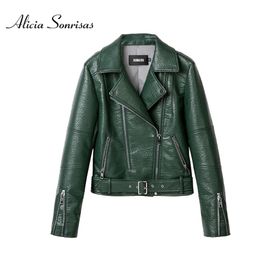 Spring Autumn Leather Jacket Women Green Short Motorcycle PU Long Sleeve High End Leather 3 Colours Biker Coat HR1018 220815