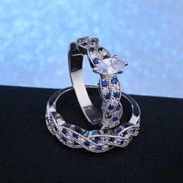 New Arrival Luxury 2pcs/set Classic Marquise Cut Silver Plated Diamond CZ Engagement wedding Ring Set Jewelry