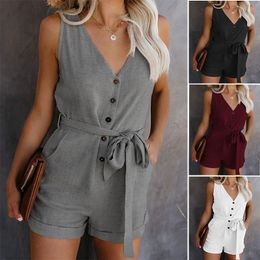Women Summer Clothes Off Shoulder Belted Tunic Sleeveles Playsuit Solid Casual V-neck Short Home Jumpsuit Drop W220427