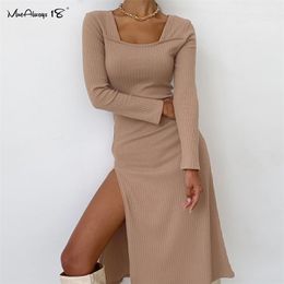 Mnealways18 Split Sexy Solid Knitted Dress Long Sleeve Khaki Ribbed Casual Women Dresses Midi Autumn Winter Ladies Bodycon Dress 220317