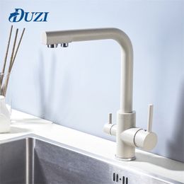 New Style 360 Degree Rotation Khaki Right Angle Kitchen Filtered Water Purified Faucet Double Spout 3 Way Water Philtre Tap T200805