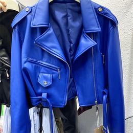 Lautaro Spring Autumn Short Blue Soft Pu Leather Biker Jacket Women Zipper Long Sleeve Belt Cool Luxury Designer Clothes 220815